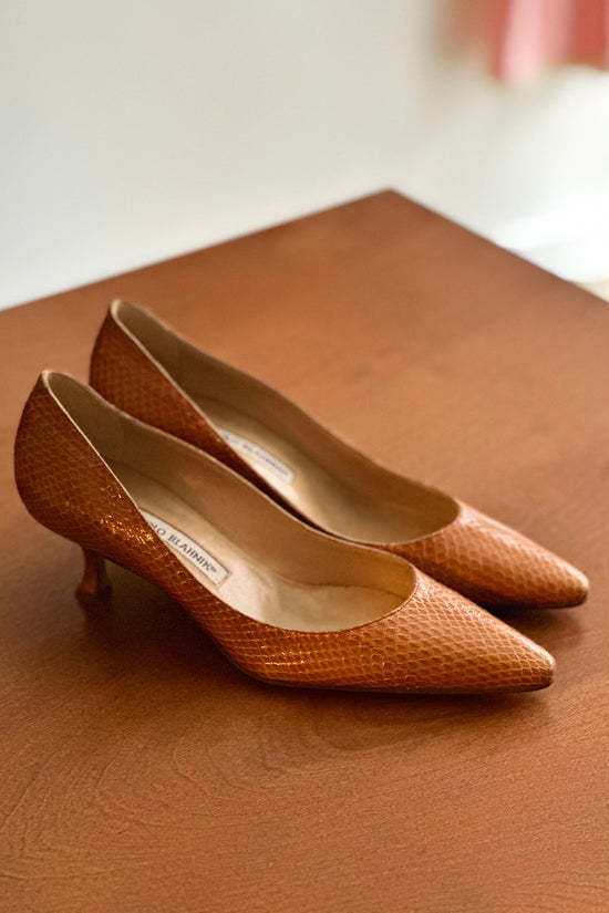 Manolo Blahnik Tan Python Kitten Heels