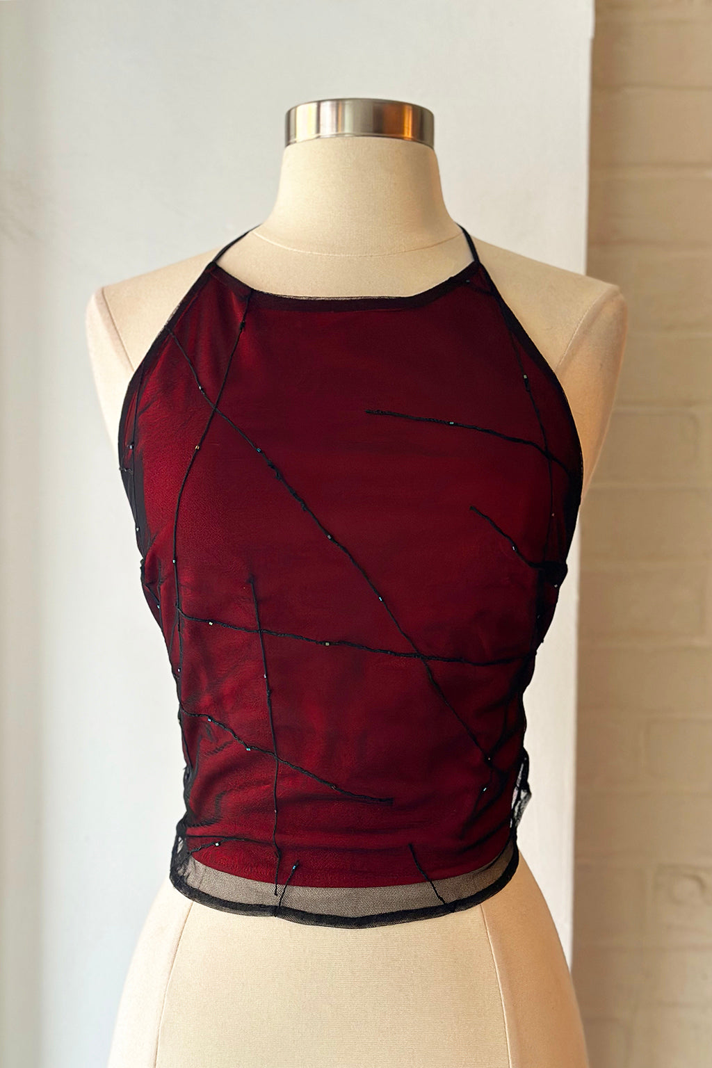 Rare Vintage 90s Red Silk & Mesh Backless Top