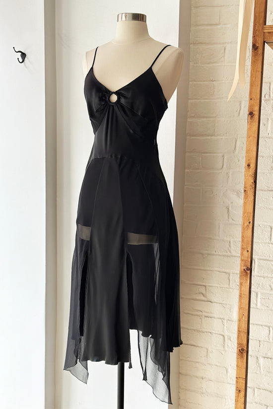 Vintage Deadstock Y2K Black Silk Asymmetric Slip Dress w/ Ring