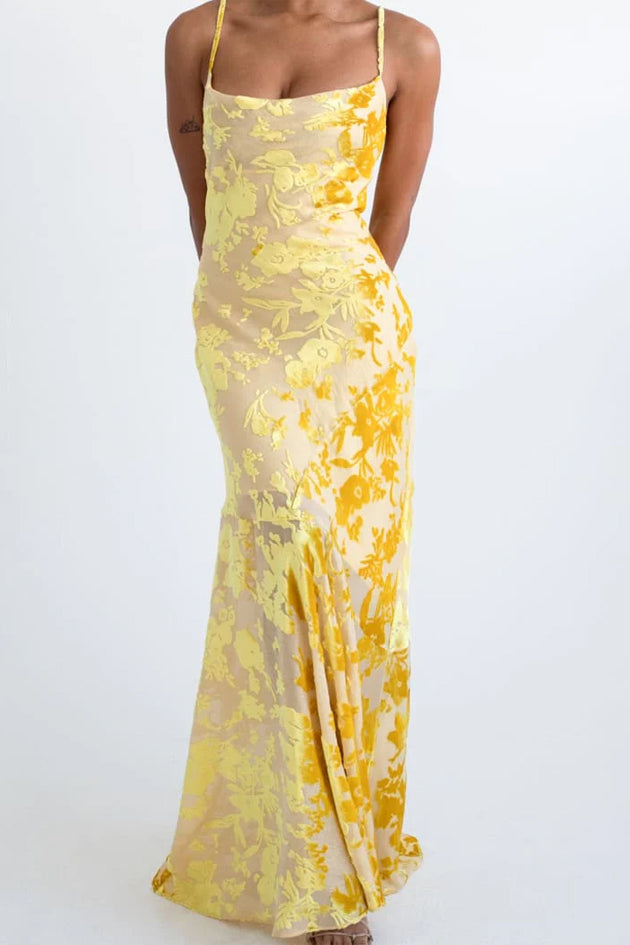 Rumored Santeria Silk Maxi Dress Limoncello Devore