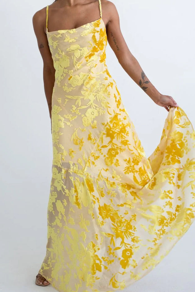 Rumored Santeria Silk Maxi Dress Limoncello Devore