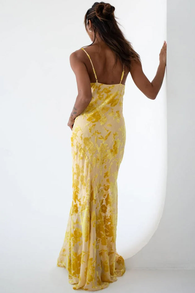 Rumored Santeria Silk Maxi Dress Limoncello Devore