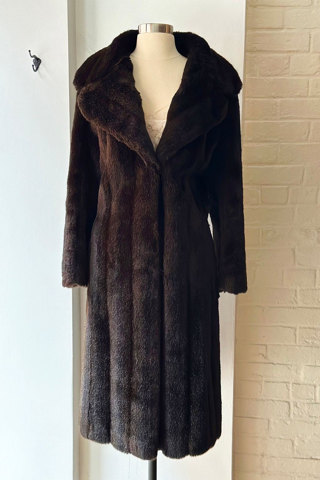 Vintage 60s Chocolate Long Faux Fur Coat