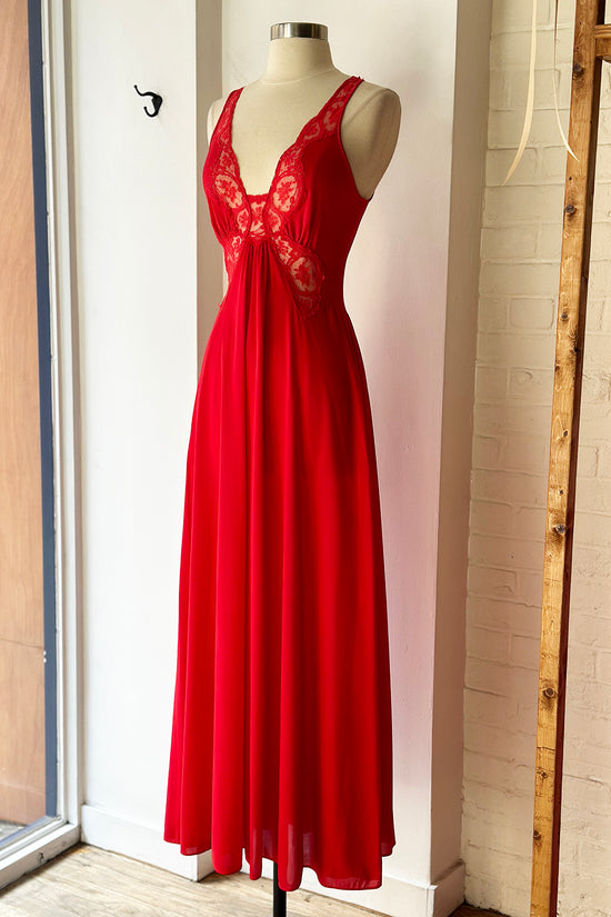 Vintage 70s Red Satin & Lace Maxi Slip Dress