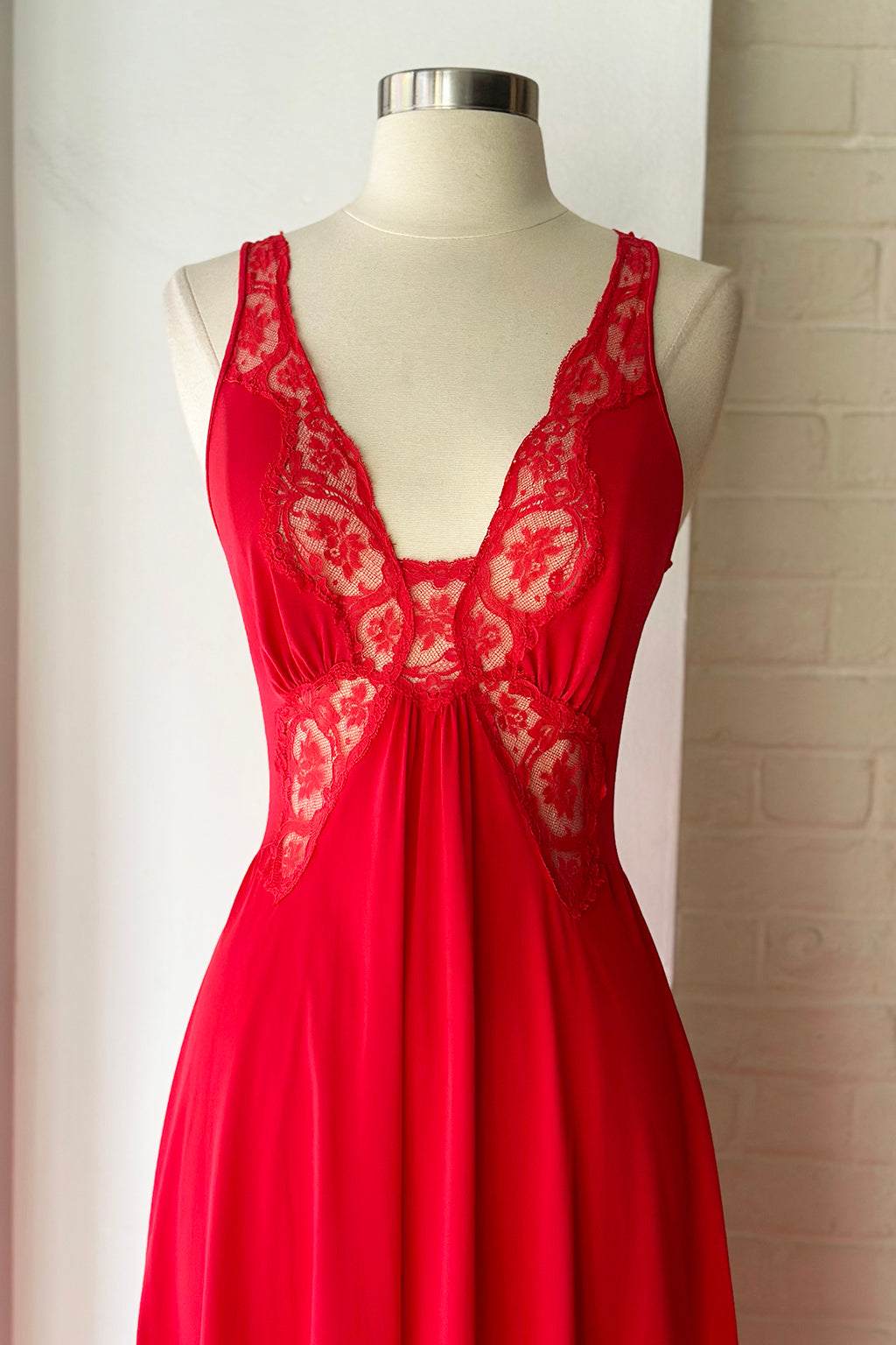 Vintage 70s Red Satin & Lace Maxi Slip Dress