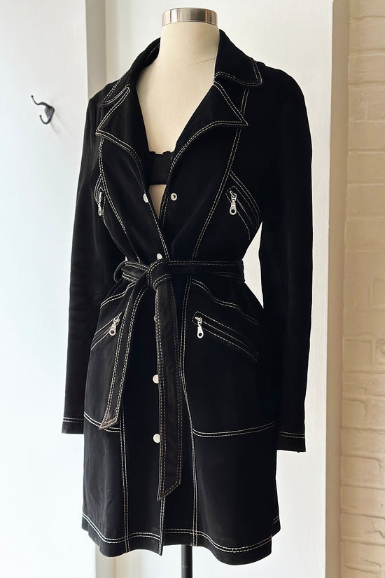 Vintage 90s Black Suede Contrast Stitch Trench