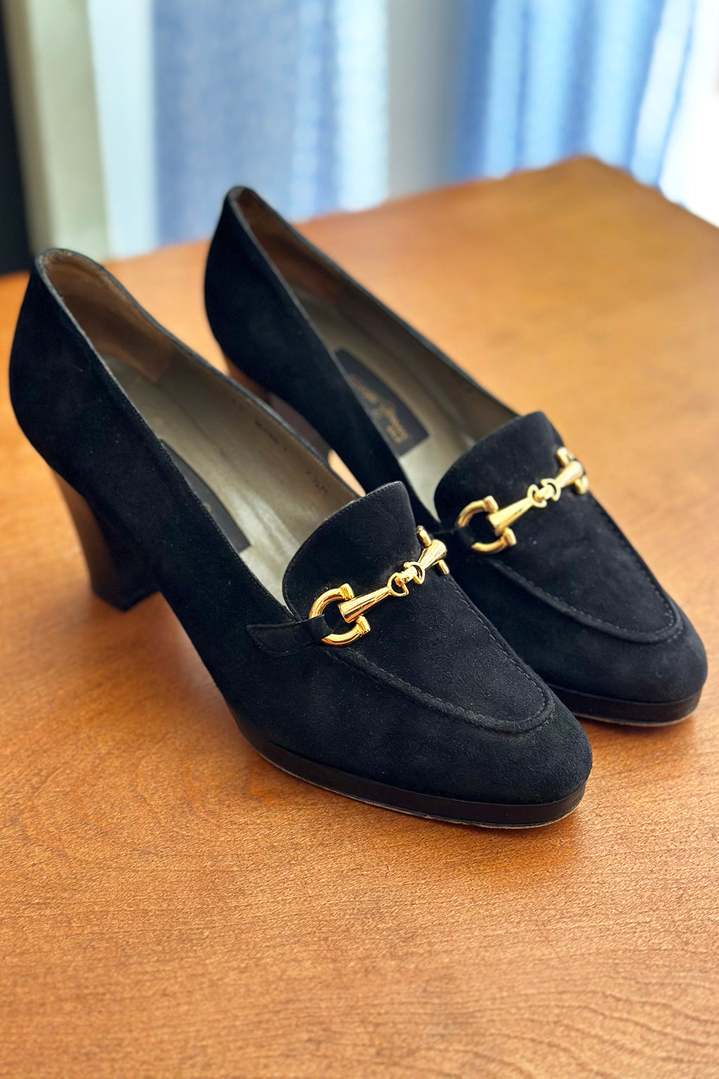 Vintage 90s Black Suede Gold Bit Loafer Pumps