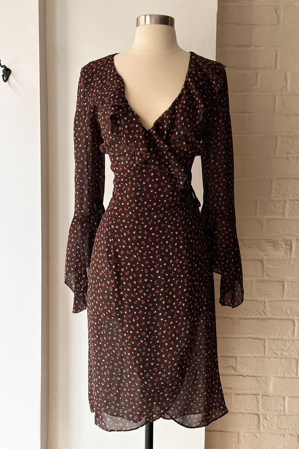 Vintage 90s Chocolate Floral Flare Sleeve Wrap Dress