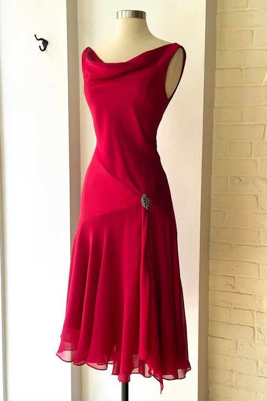 Vintage 90s Red Silk Charmeuse & Chiffon Cowl Dress