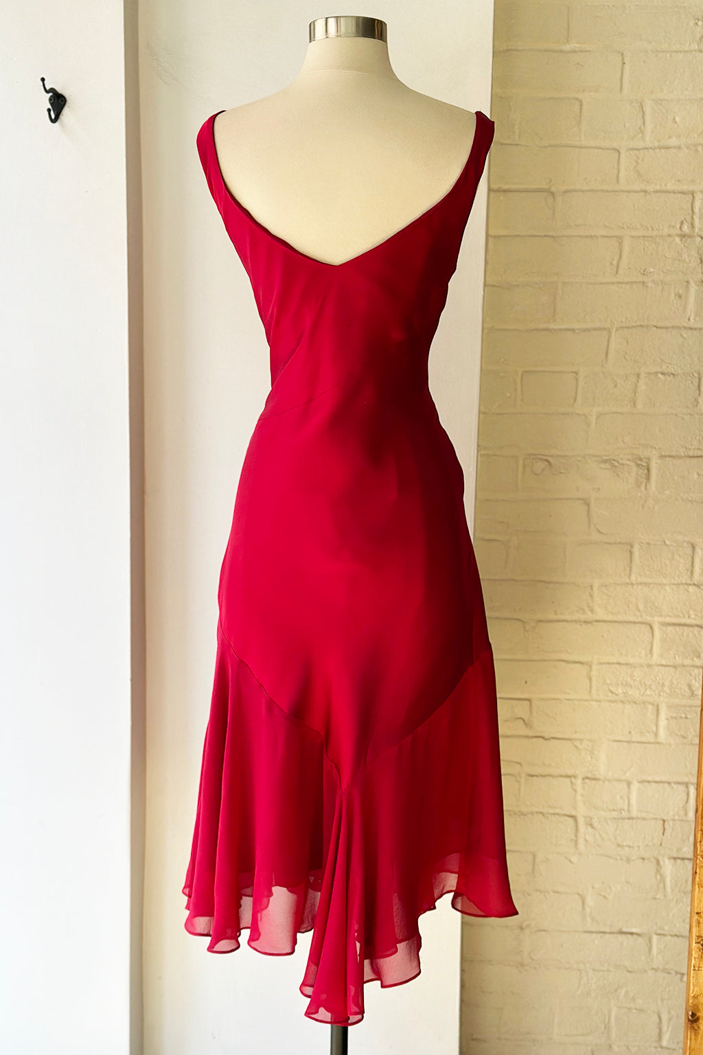 Vintage 90s Red Silk Charmeuse & Chiffon Cowl Dress