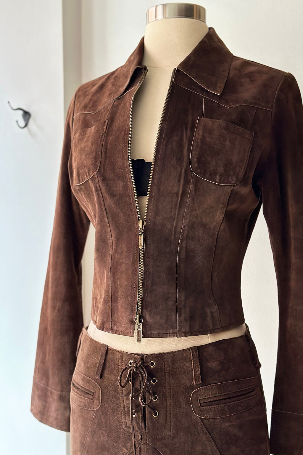 Vintage Y2K Chocolate Suede Micro Mini Skirt & Jacket Set