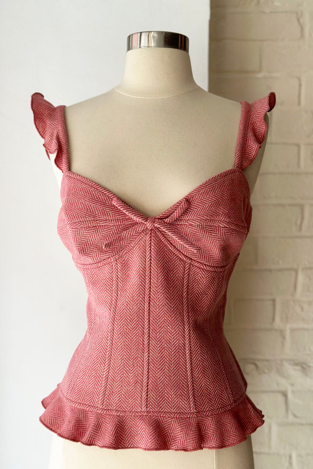 Vintage Y2K Pink Wool & Metallic Herringbone Corset Top