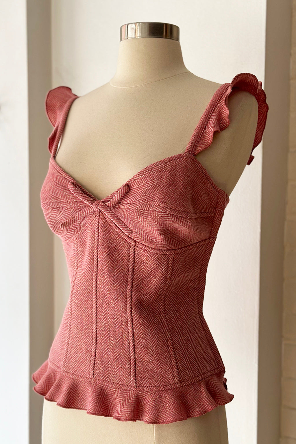 Vintage Y2K Pink Wool & Metallic Herringbone Corset Top