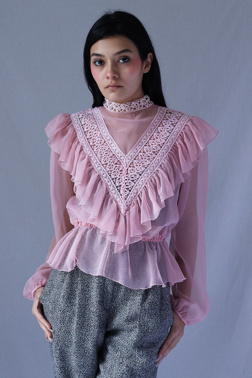 80s Sheer Ruffle Blouse - Lucky Vintage